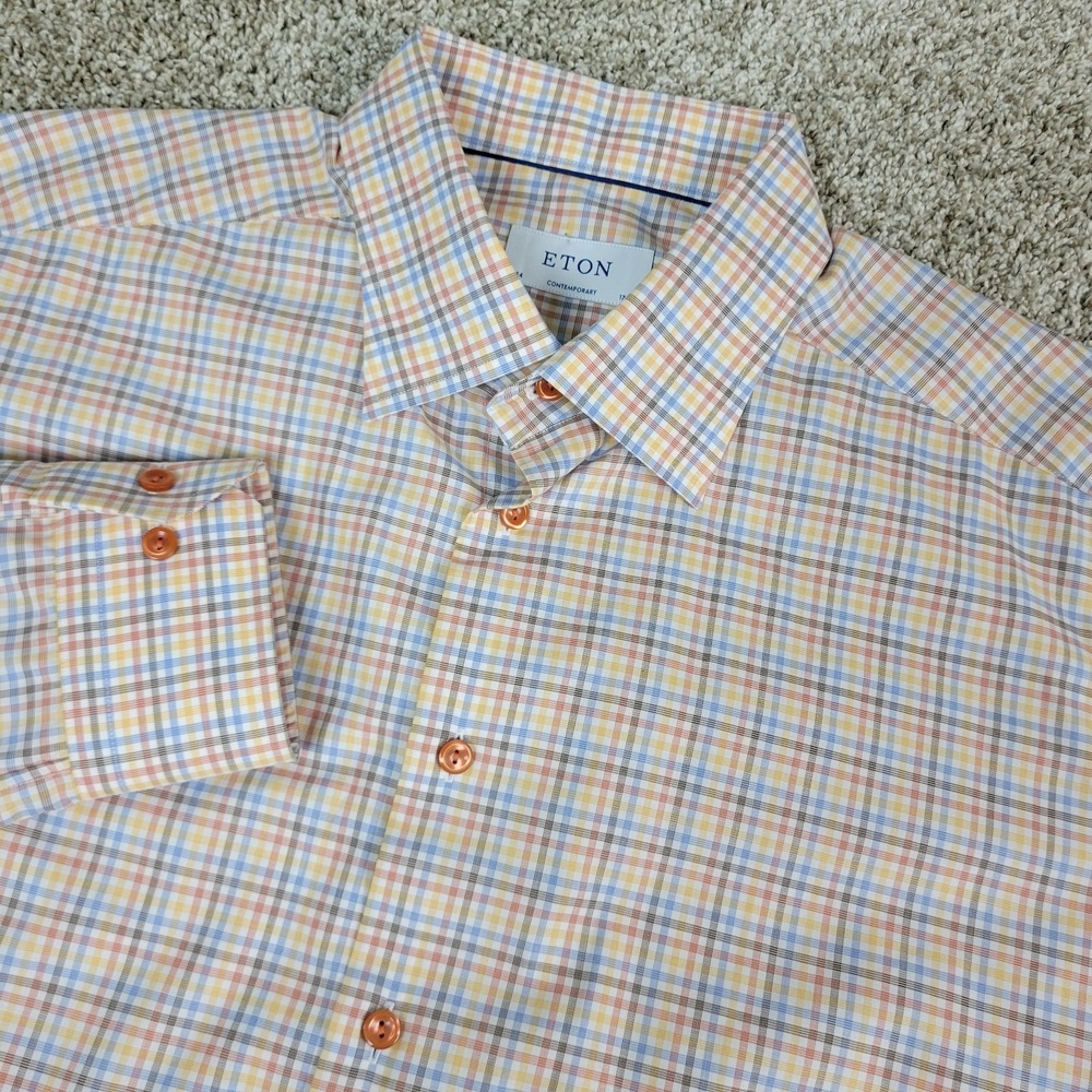 Eton Contemporary Mens 17.5-44 Multicolor Plaid Check Button Down Long Sleeve